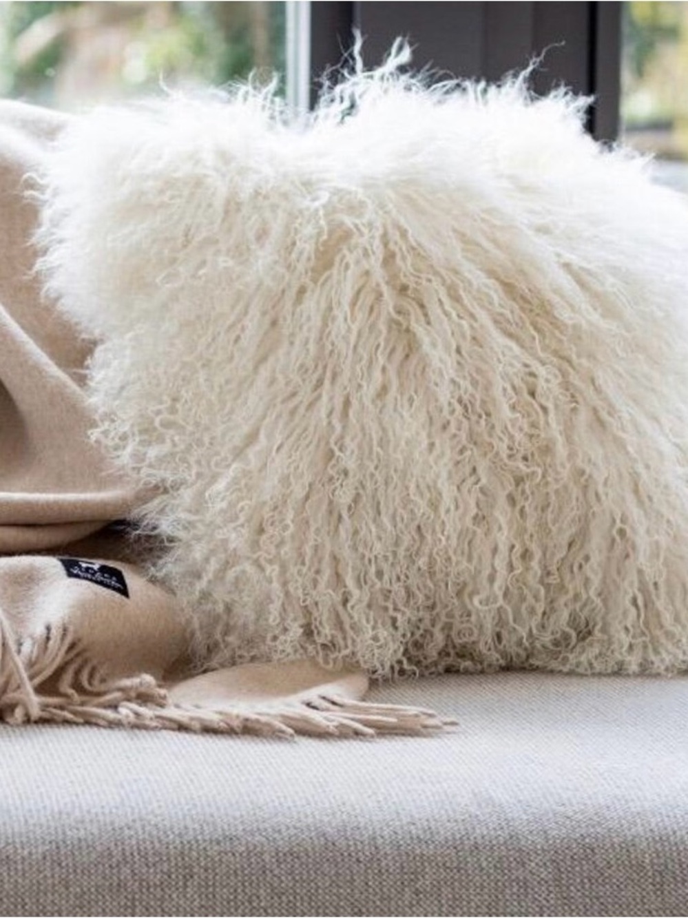 Crate&Barrel White Mongolian Fur 20” Accent Pillow New